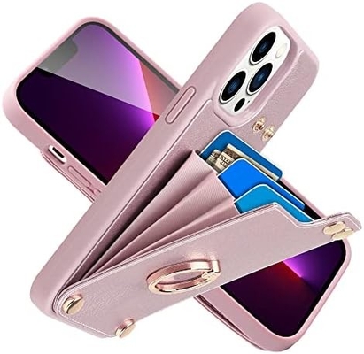Pemegang kartu dengan iPhone 13 Pro Max, pemegang cincin berputar 360 °, pemegang kulit slot kartu kasus, tutup tahan guncangan RFID,