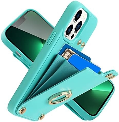 Pemegang kartu dengan iPhone 13 Pro Max, pemegang cincin berputar 360 °, pemegang kulit slot kartu kasus, tutup tahan guncangan RFID,