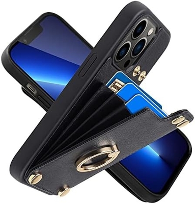 Pemegang kartu dengan iPhone 13 Pro Max, pemegang cincin berputar 360 °, pemegang kulit slot kartu kasus, tutup tahan guncangan RFID,