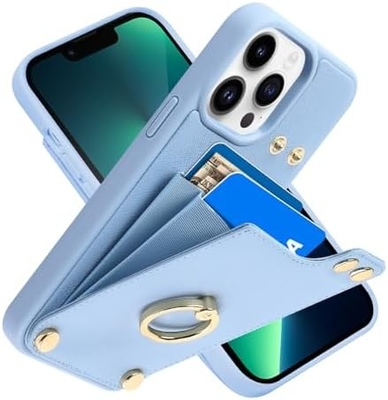 Pemegang kartu dengan iPhone 13 Pro Max, pemegang cincin berputar 360 °, pemegang kulit slot kartu kasus, tutup tahan guncangan RFID,