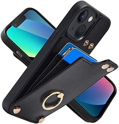 Pemegang kartu dengan iPhone 13 Pro Max, pemegang cincin berputar 360 °, pemegang kulit slot kartu kasus, tutup tahan guncangan RFID,