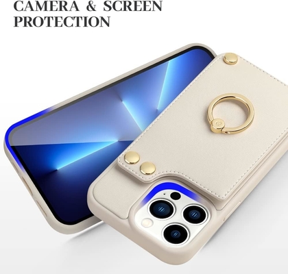 Pemegang kartu dengan iPhone 13 Pro Max, pemegang cincin berputar 360 °, pemegang kulit slot kartu kasus, tutup tahan guncangan RFID,