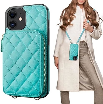 Tas crossbody iPhone 12/12 Pro, sabuk kulit PU berlapis RFID dengan slot kartu Split bag wrist strap lanyard