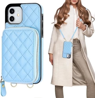 Tas crossbody iPhone 12/12 Pro, sabuk kulit PU berlapis RFID dengan slot kartu Split bag wrist strap lanyard