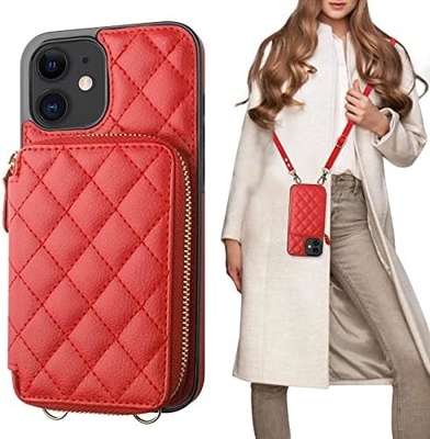 Tas crossbody iPhone 12/12 Pro, sabuk kulit PU berlapis RFID dengan slot kartu Split bag wrist strap lanyard
