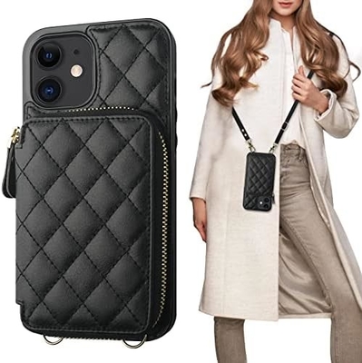 Tas crossbody iPhone 12/12 Pro, sabuk kulit PU berlapis RFID dengan slot kartu Split bag wrist strap lanyard