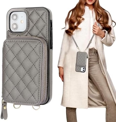 Tas crossbody iPhone 12/12 Pro, sabuk kulit PU berlapis RFID dengan slot kartu Split bag wrist strap lanyard