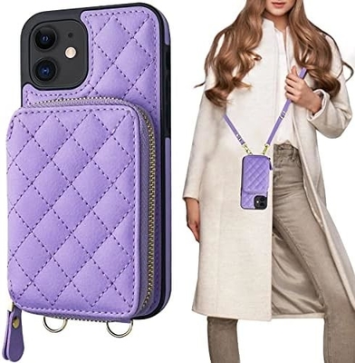 Tas crossbody iPhone 12/12 Pro, sabuk kulit PU berlapis RFID dengan slot kartu Split bag wrist strap lanyard