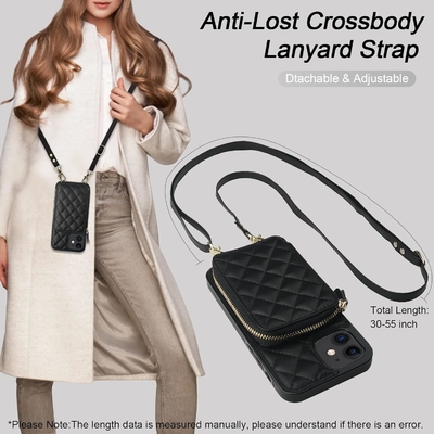 Tas crossbody iPhone 12/12 Pro, sabuk kulit PU berlapis RFID dengan slot kartu Split bag wrist strap lanyard