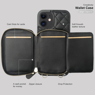 Tas crossbody iPhone 12/12 Pro, sabuk kulit PU berlapis RFID dengan slot kartu Split bag wrist strap lanyard