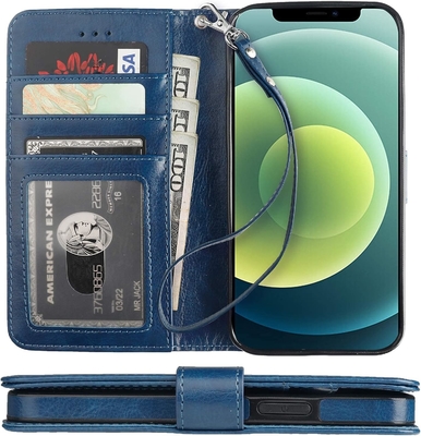 Kompatibel dengan iPhone 12 / Pro dompet kasus dengan pemegang kartu PU kulit berdiri shock-proof tali pergelangan tangan clamshell 6,1 inci
