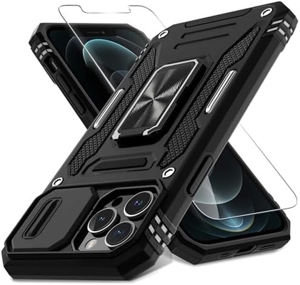 iPhone 12 Pro Max dengan Slide Camera Cover+Screen Protector ((1 Paket), Rotated Ring Kickstand Kelas Militer Shockproof