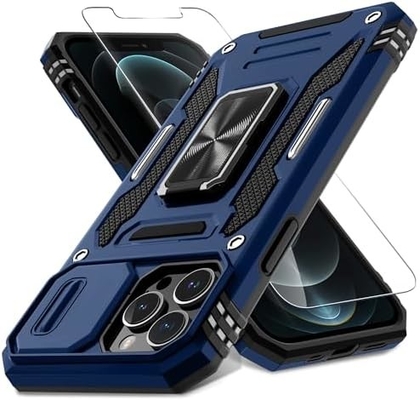 iPhone 12 Pro Max dengan Slide Camera Cover+Screen Protector ((1 Paket), Rotated Ring Kickstand Kelas Militer Shockproof