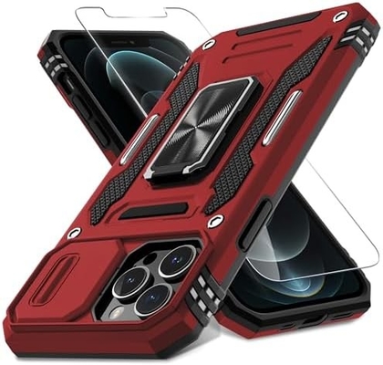 iPhone 12 Pro Max dengan Slide Camera Cover+Screen Protector ((1 Paket), Rotated Ring Kickstand Kelas Militer Shockproof