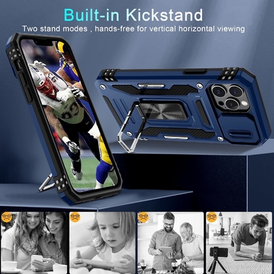 iPhone 12 Pro Max dengan Slide Camera Cover+Screen Protector ((1 Paket), Rotated Ring Kickstand Kelas Militer Shockproof