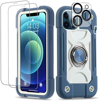 iPhone 12 Pro Max Case 6.7&quot; - Hard-Duty Shockproof, Ring Stand, Kaca Lens Screen &amp; Kamera Pelindung Lensa (Rainbow Pink)