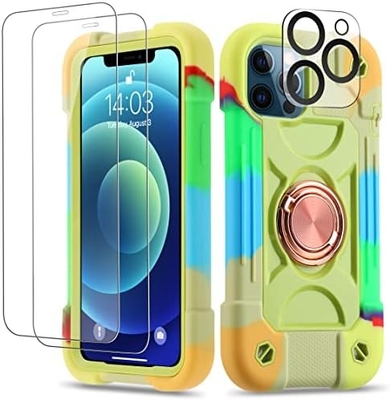 iPhone 12 Pro Max Case 6.7&quot; - Hard-Duty Shockproof, Ring Stand, Kaca Lens Screen &amp; Kamera Pelindung Lensa (Rainbow Pink)
