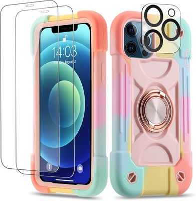 iPhone 12 Pro Max Case 6.7&quot; - Hard-Duty Shockproof, Ring Stand, Kaca Lens Screen &amp; Kamera Pelindung Lensa (Rainbow Pink)