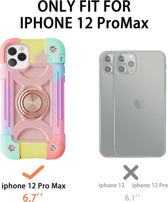 iPhone 12 Pro Max Case 6.7&quot; - Hard-Duty Shockproof, Ring Stand, Kaca Lens Screen &amp; Kamera Pelindung Lensa (Rainbow Pink)
