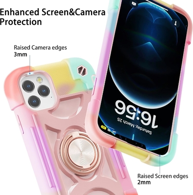 iPhone 12 Pro Max Case 6.7&quot; - Hard-Duty Shockproof, Ring Stand, Kaca Lens Screen &amp; Kamera Pelindung Lensa (Rainbow Pink)