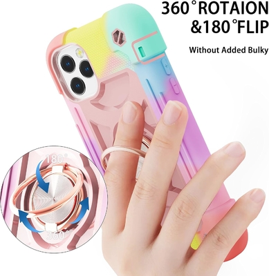 iPhone 12 Pro Max Case 6.7&quot; - Hard-Duty Shockproof, Ring Stand, Kaca Lens Screen &amp; Kamera Pelindung Lensa (Rainbow Pink)