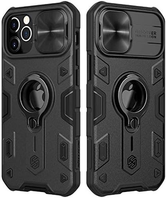 Kasus iPhone 12 Pro Max dengan Tutup Kamera &amp; Kickstand, Tutup Perisai Kelas Militer,