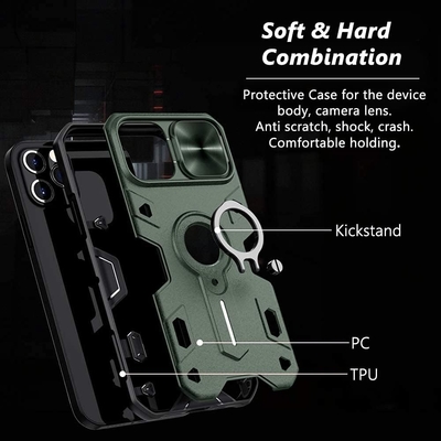 Kasus iPhone 12 Pro Max dengan Tutup Kamera &amp; Kickstand, Tutup Perisai Kelas Militer,
