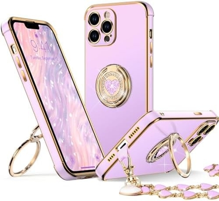 Kasus iPhone 12 Pro Max dengan Stand, Kasus Telepon dengan Double Ring Kickstand, Wanita Gadis Bling Kasus Pelindung Mewah Mendengar