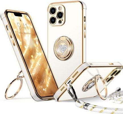 Kasus iPhone 12 Pro Max dengan Stand, Kasus Telepon dengan Double Ring Kickstand, Wanita Gadis Bling Kasus Pelindung Mewah Mendengar