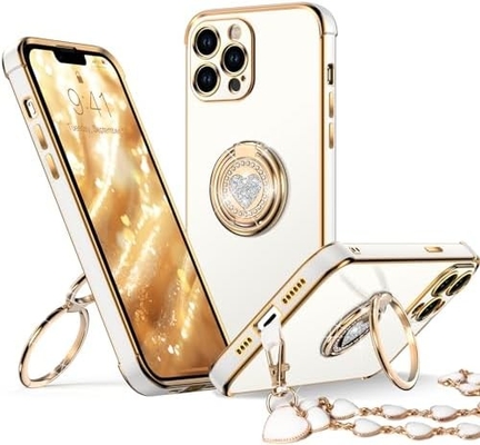 Kasus iPhone 12 Pro Max dengan Stand, Kasus Telepon dengan Double Ring Kickstand, Wanita Gadis Bling Kasus Pelindung Mewah Mendengar