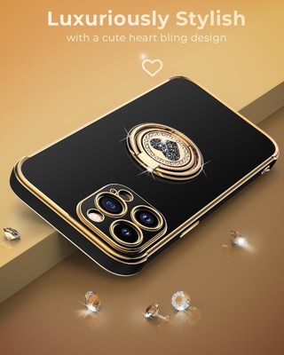 Kasus iPhone 12 Pro Max dengan Stand, Kasus Telepon dengan Double Ring Kickstand, Wanita Gadis Bling Kasus Pelindung Mewah Mendengar