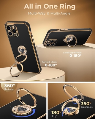 Kasus iPhone 12 Pro Max dengan Stand, Kasus Telepon dengan Double Ring Kickstand, Wanita Gadis Bling Kasus Pelindung Mewah Mendengar