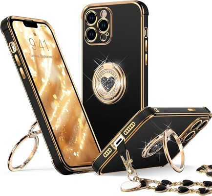 Kasus iPhone 12 Pro Max dengan Stand, Kasus Telepon dengan Double Ring Kickstand, Wanita Gadis Bling Kasus Pelindung Mewah Mendengar