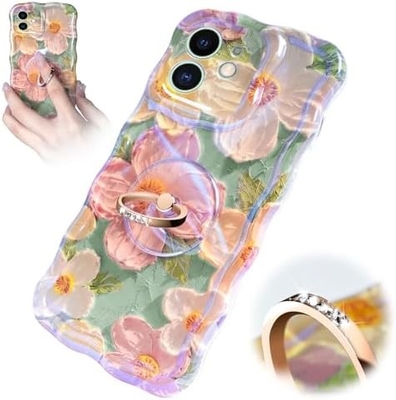 Kasus iPhone 12 Pro Max Cincin, Bunga Lukisan Minyak Bunga retro berwarna-warni frame gelombang keriting lucu Kasus telepon Wanita Gadis