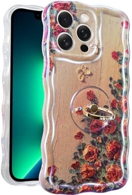 Kasus iPhone 12 Pro Max Cincin, Bunga Lukisan Minyak Bunga retro berwarna-warni frame gelombang keriting lucu Kasus telepon Wanita Gadis