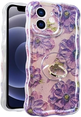 Kasus iPhone 12 Pro Max Cincin, Bunga Lukisan Minyak Bunga retro berwarna-warni frame gelombang keriting lucu Kasus telepon Wanita Gadis