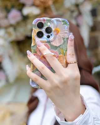 Kasus iPhone 12 Pro Max Cincin, Bunga Lukisan Minyak Bunga retro berwarna-warni frame gelombang keriting lucu Kasus telepon Wanita Gadis