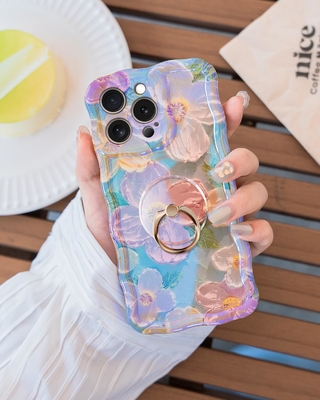 Kasus iPhone 12 Pro Max Cincin, Bunga Lukisan Minyak Bunga retro berwarna-warni frame gelombang keriting lucu Kasus telepon Wanita Gadis