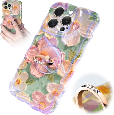 Kasus iPhone 12 Pro Max Cincin, Bunga Lukisan Minyak Bunga retro berwarna-warni frame gelombang keriting lucu Kasus telepon Wanita Gadis
