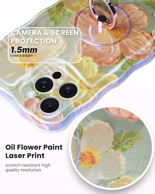 Kasus iPhone 12 Pro Max Cincin, Bunga Lukisan Minyak Bunga retro berwarna-warni frame gelombang keriting lucu Kasus telepon Wanita Gadis