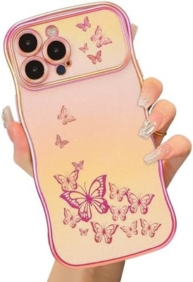 Kasus ponsel iPhone 13 untuk anak perempuan, bingkai gelombang keriting, pola kupu-kupu berlapis mewah, pelindung lensa tahan guncangan TPU emas