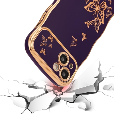 Kasus ponsel iPhone 13 untuk anak perempuan, bingkai gelombang keriting, pola kupu-kupu berlapis mewah, pelindung lensa tahan guncangan TPU emas