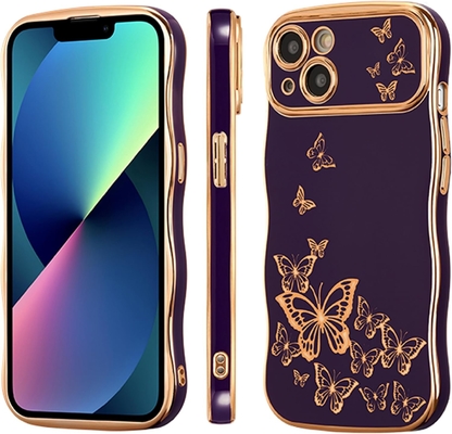 Kasus ponsel iPhone 13 untuk anak perempuan, bingkai gelombang keriting, pola kupu-kupu berlapis mewah, pelindung lensa tahan guncangan TPU emas