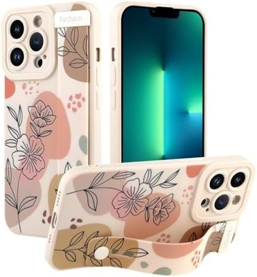 iPhone 12 Pro Max Kasus silikon dengan tali untuk Wanita Gadis Cute Bunga Bunga Pola Desain Adjustable Soft Wirstband