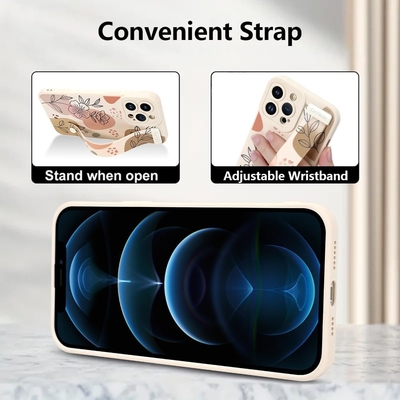 iPhone 12 Pro Max Kasus silikon dengan tali untuk Wanita Gadis Cute Bunga Bunga Pola Desain Adjustable Soft Wirstband