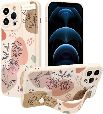 iPhone 12 Pro Max Kasus silikon dengan tali untuk Wanita Gadis Cute Bunga Bunga Pola Desain Adjustable Soft Wirstband