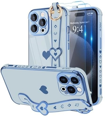 iPhone 12 Pro Cute Love-Heart Plating Strap Tutup Telepon Untuk Wanita Gadis Bling Silicone Kamera Lensa Perlindungan Bumper