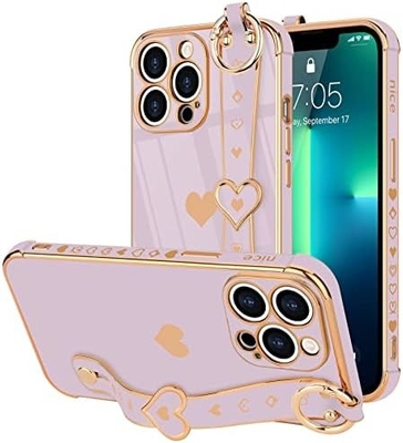 iPhone 12 Pro Cute Love-Heart Plating Strap Tutup Telepon Untuk Wanita Gadis Bling Silicone Kamera Lensa Perlindungan Bumper