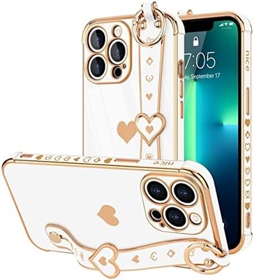 iPhone 12 Pro Cute Love-Heart Plating Strap Tutup Telepon Untuk Wanita Gadis Bling Silicone Kamera Lensa Perlindungan Bumper