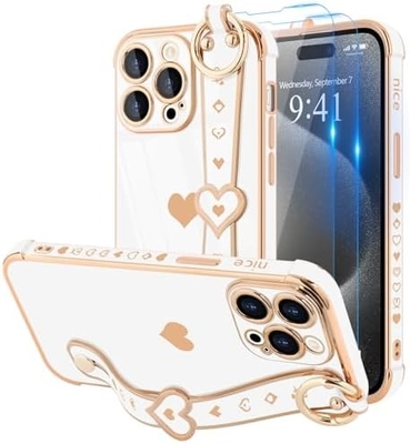 iPhone 12 Pro Cute Love-Heart Plating Strap Tutup Telepon Untuk Wanita Gadis Bling Silicone Kamera Lensa Perlindungan Bumper